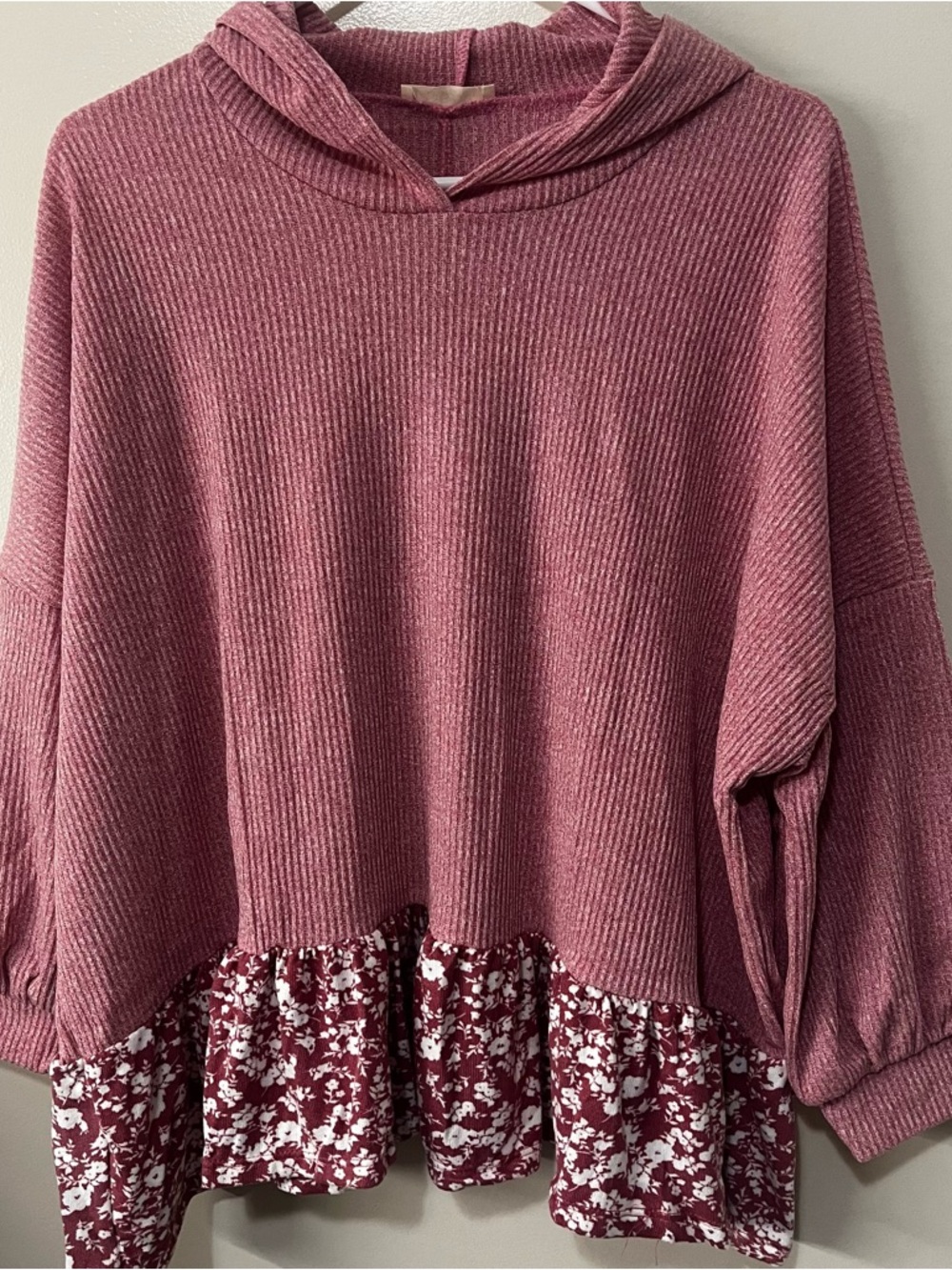 ODDY Rose Pink Hooded Knit Pullover with Floral Ruffle Hem